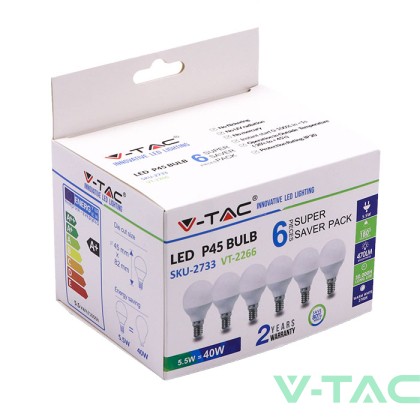 LED Крушка - 5.5W E14 P45 2700K 6Бр/Сет