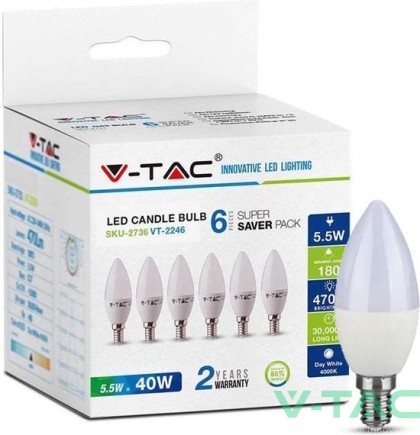 LED Крушка - 5.5W E14 Кендъл 6400K 6Бр/Сет                                                           