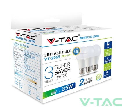 LED Крушка - 5W E27 A55 Термо Пластик 2700K 3Бр/Сет                             