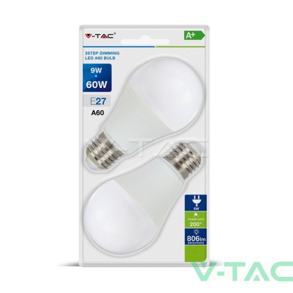 LED Крушка - 9W E27 A60 Термо Пластик 3Степенно Димиране 4000K 2Бр/Блистер -  NEW  