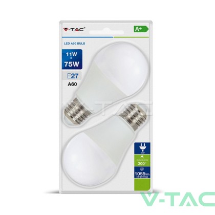 LED Крушка - 11W E27 A60 Термо Пластик 2700K 2Бр/Блистер                              