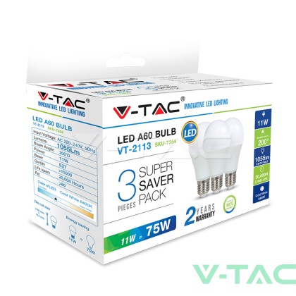 LED Крушка - 11W E27 A60 Термо Пластик 6400K 3Бр/Сет                               