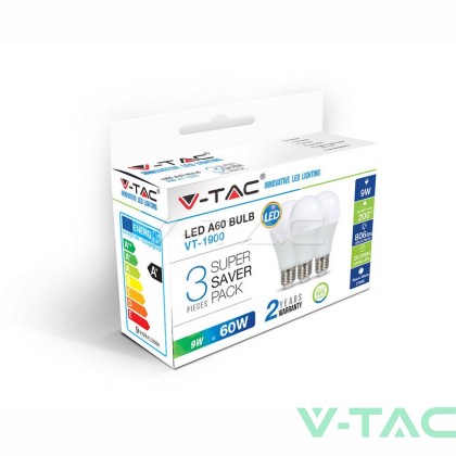 LED Крушка - 9W E27 A60 Термо Пластик 4000K 3Бр/Сет                            