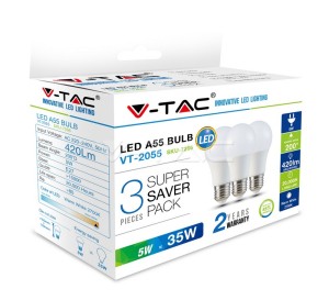 LED Крушка - 5W E27 A55 Термо Пластик 2700K 3Бр/Сет                             