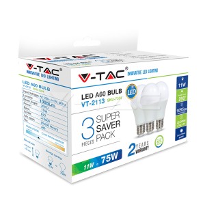 LED Крушка - 11W E27 A60 Термо Пластик 6400K 3Бр/Сет                               