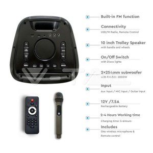 100W Колона С 1 Жичен Микрофон RF Контрол  2*10inch 