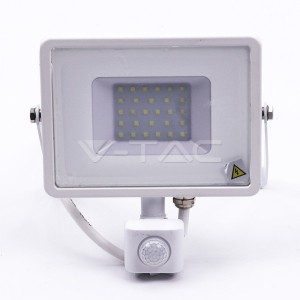 30W LED Прожектор Със Сензор  SAMSUNG ЧИП  Бяло Тяло 6400К