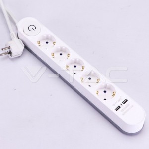 5 Гнезда Разклонител 2USB 3x1.5-3M Бутон Бял
