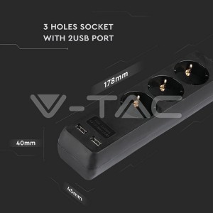 3 Гнезда Разклоните 2USB 3 Х 1.5 - 2 Х 5М Черен