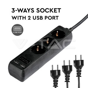 3 Гнезда Разклоните 2USB 3 Х 1.5 - 2 Х 5М Черен