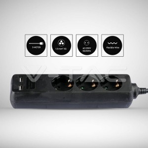 3 Гнезда Разклоните 2USB 3 Х 1.5 - 2 Х 5М Черен