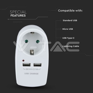 Щепсел Адаптер Шуко С 2ХUSB 5V -2.1A Бял 
